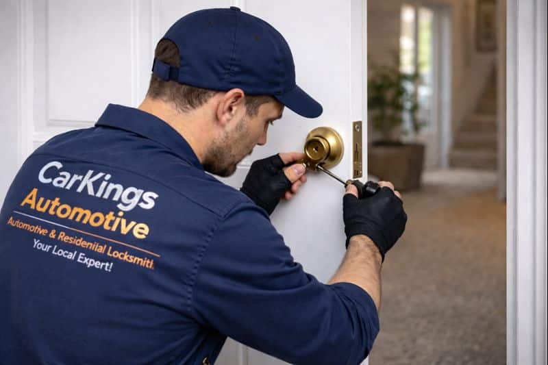 Emergency residential locksmith in Brisbane repairing a lock on a home front door, professional lock repair service
